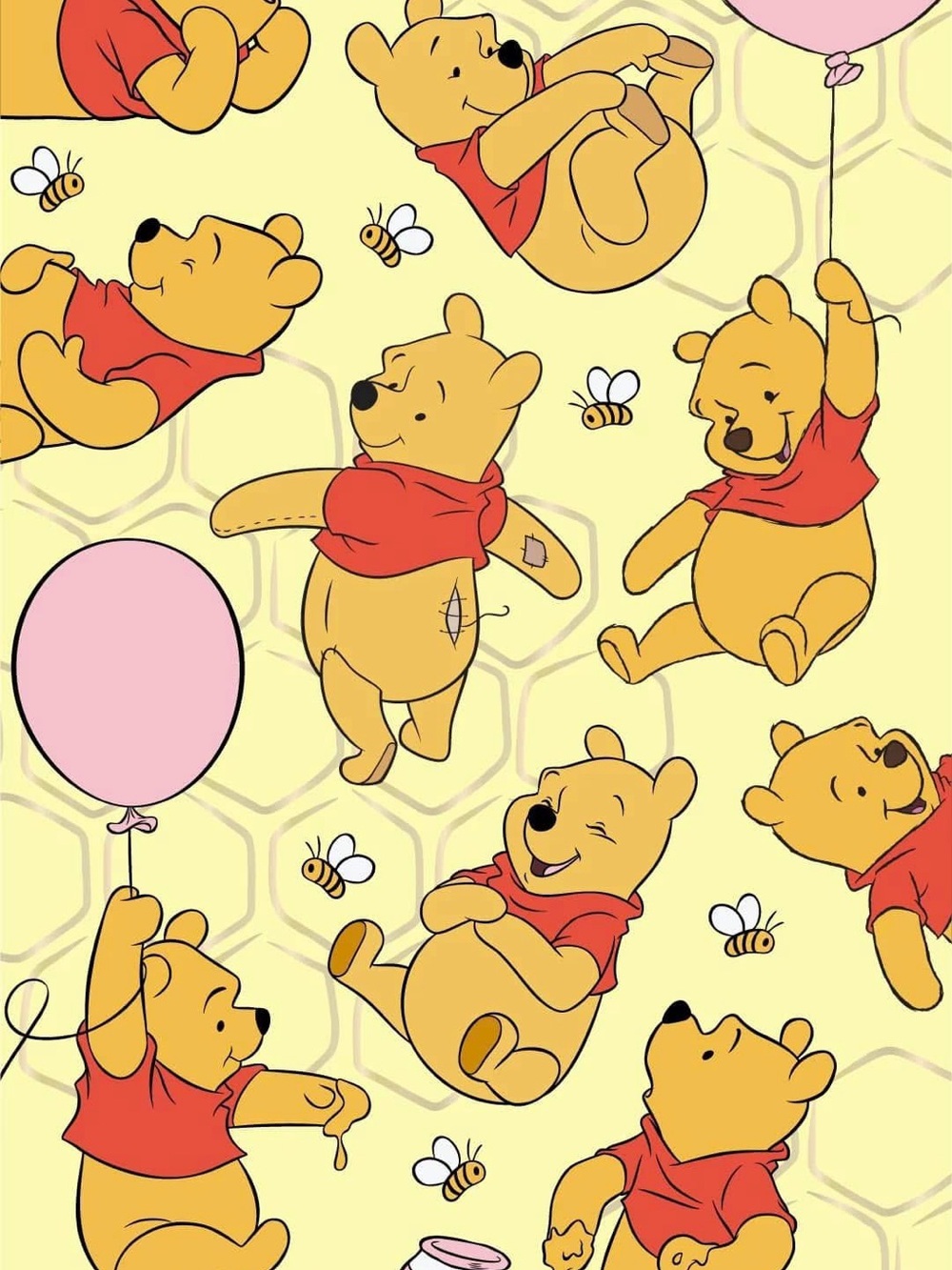 60”x80” Disney Winnie the Pooh Yellow Fabric with Red Shirts and Pink Balloons